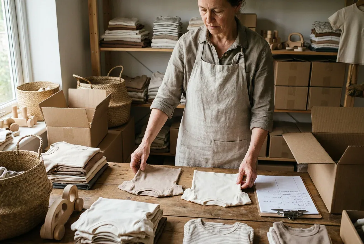 Baby clothing business owner sorting products for an order