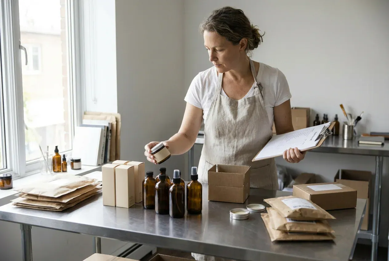 Skincare business owner reviewing unbranded products and packaging