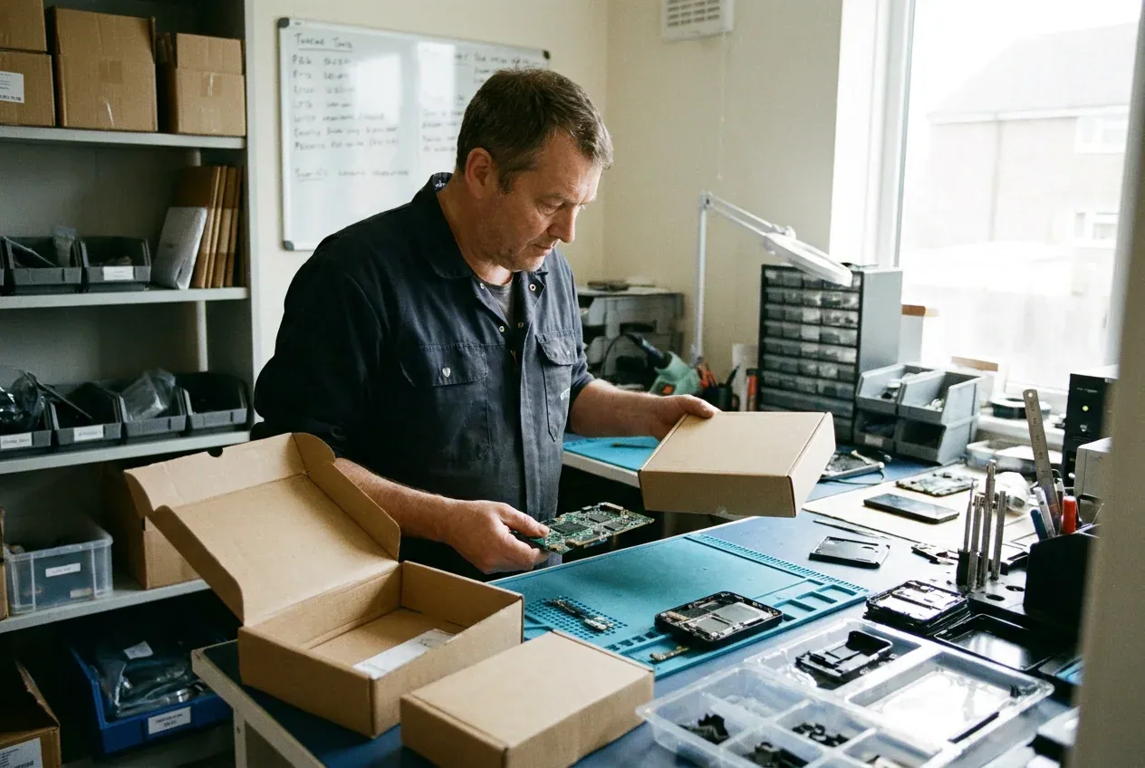 Electronics business owner checking a device before packing it