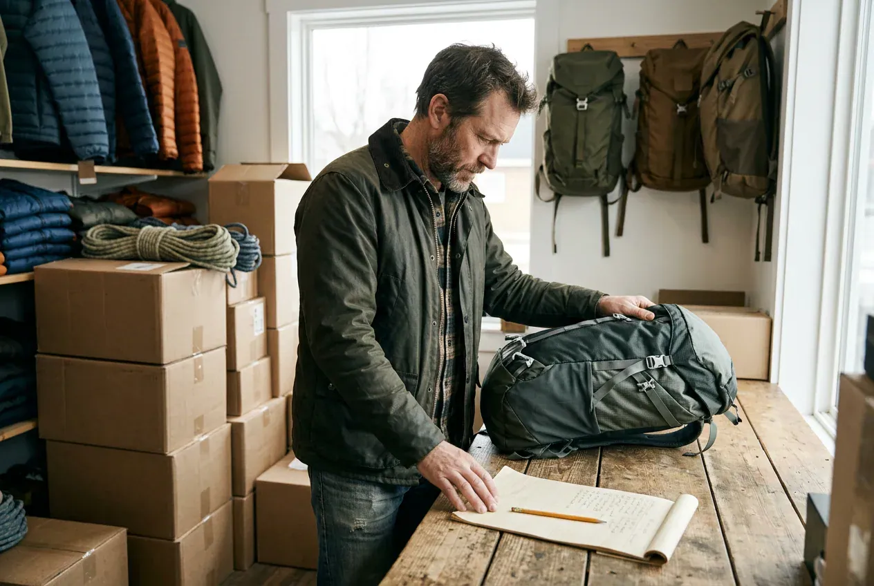 Outdoor goods business owner checking a backpack before packing it