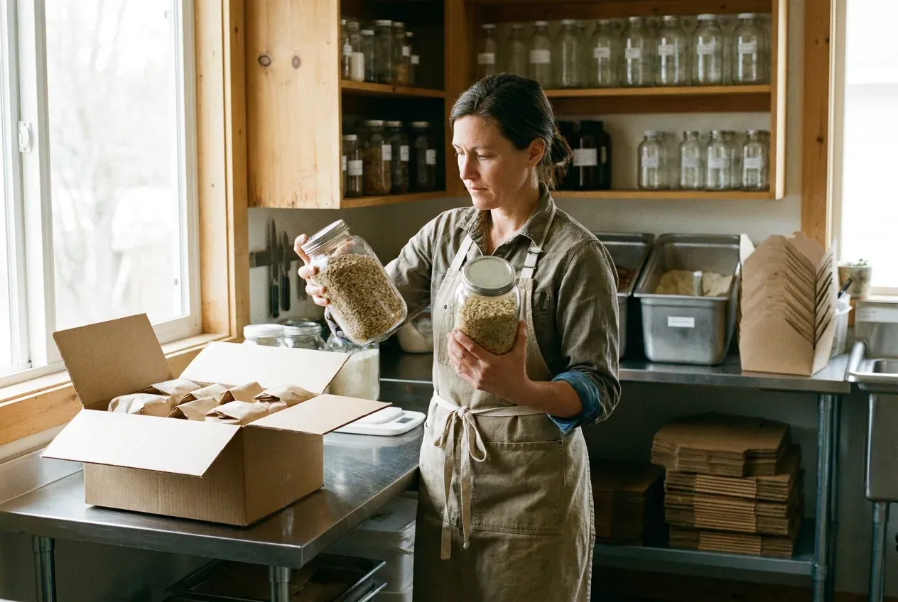 Food business owner checking ingredients before packing an order
