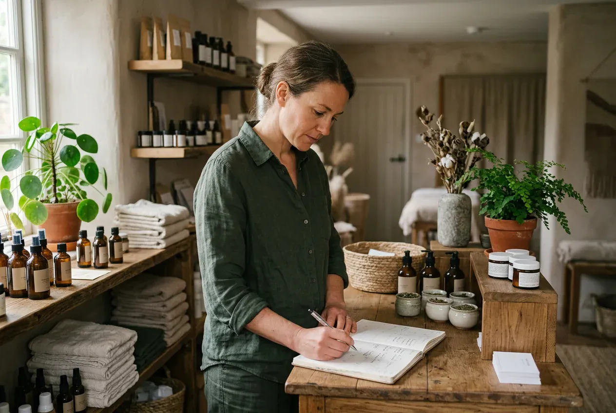 Health and wellness business owner reviewing products in her studio