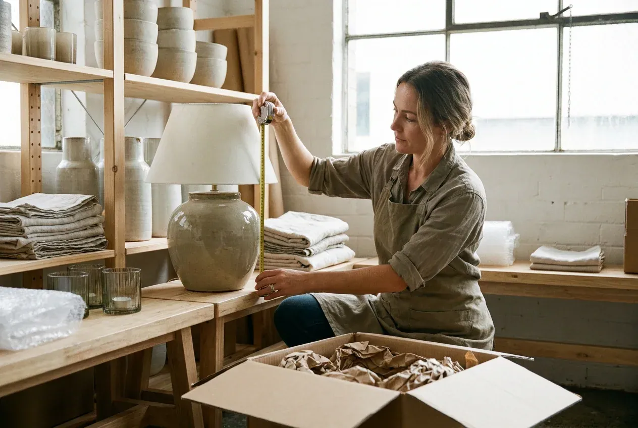 Homewares business owner measuring a lamp before packing it