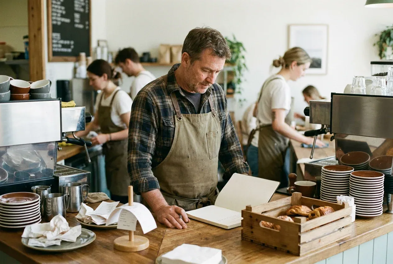 Cafe owner reviewing the day at the counter