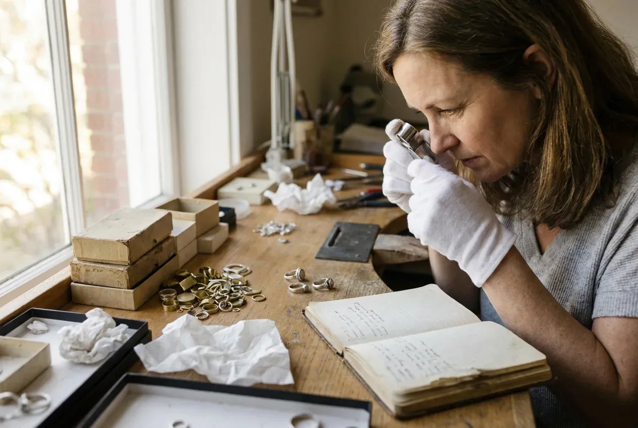 Jewelry maker inspecting a piece at her workbench