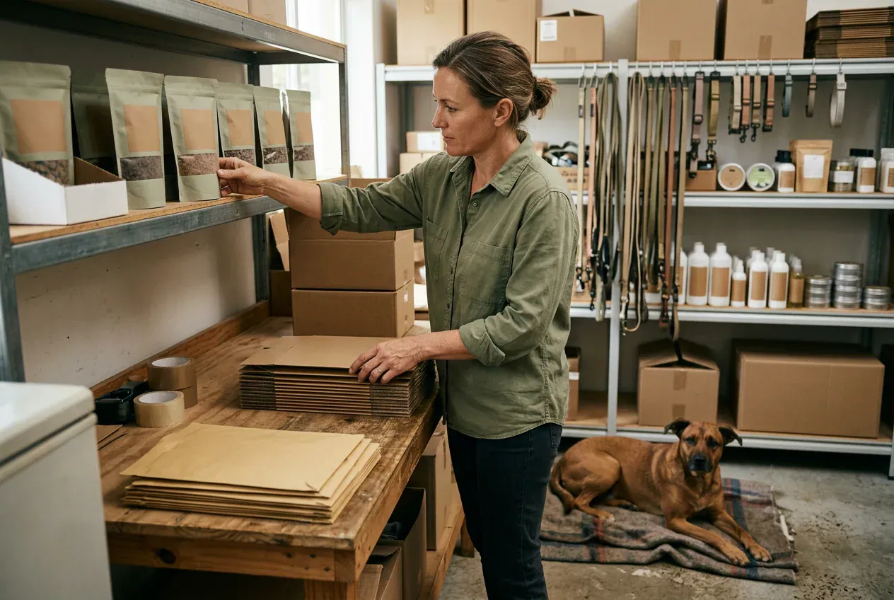 Pet products business owner preparing stock with her dog nearby