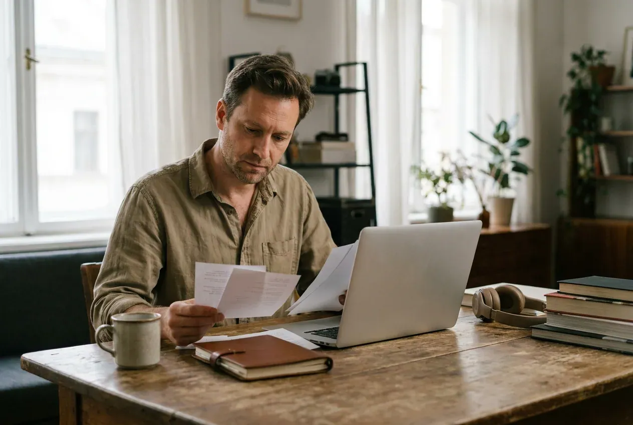 Digital business owner reviewing work beside his laptop