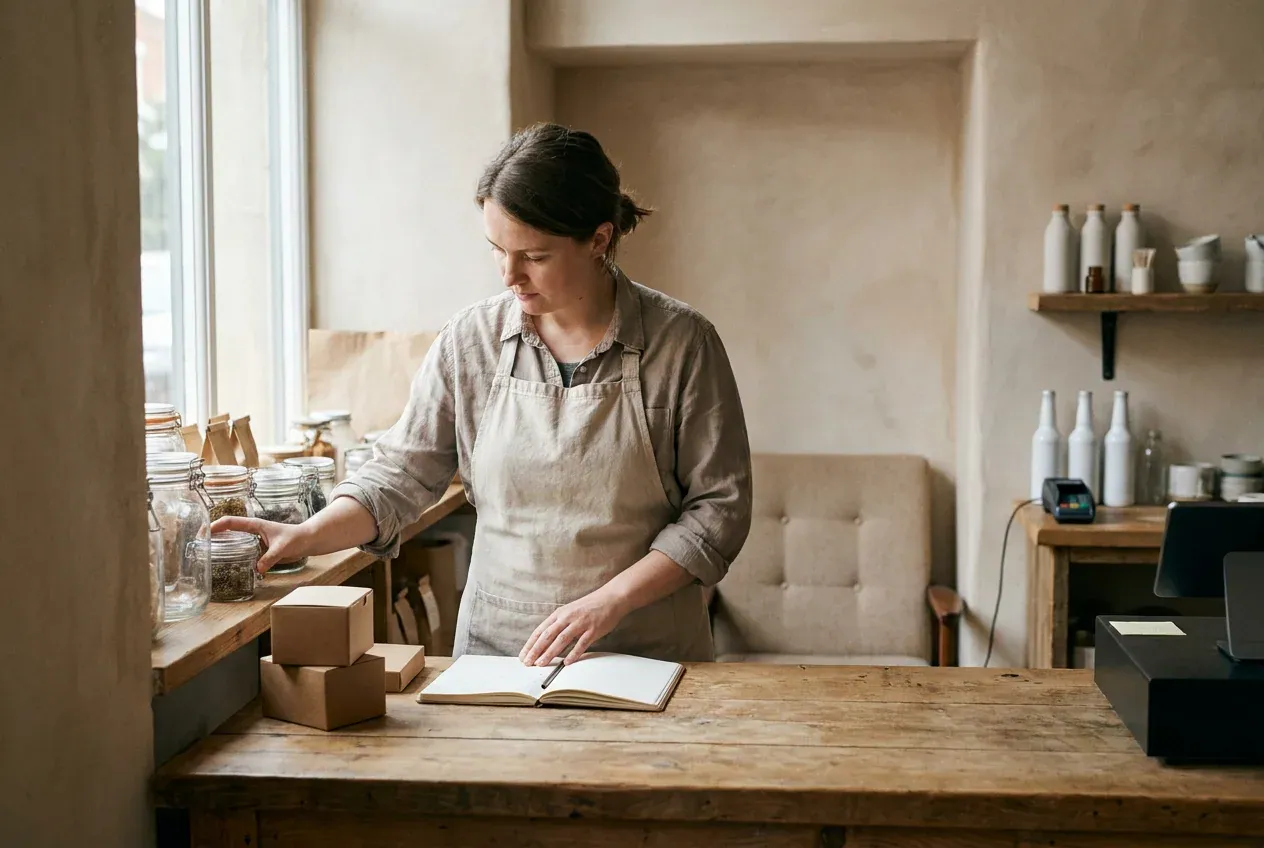 Business owner reviewing product stock beside a service counter