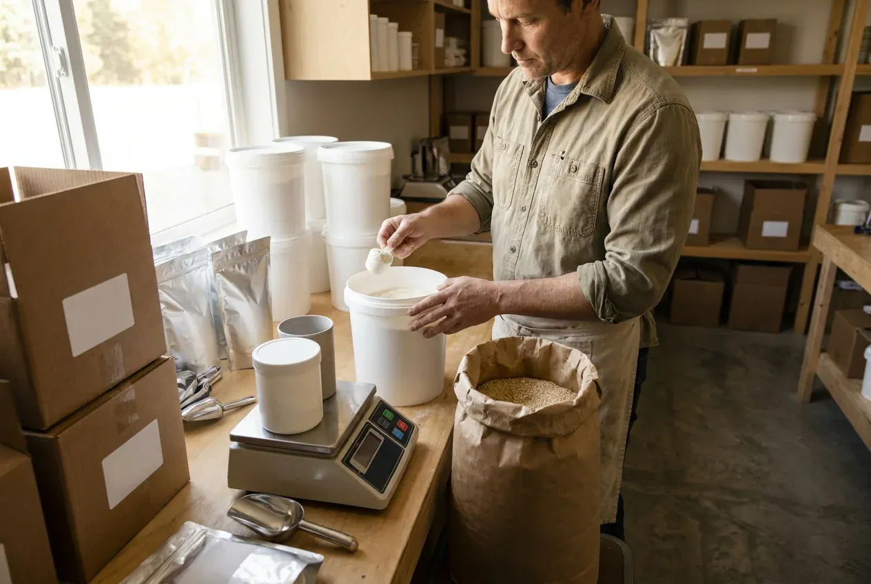 Supplement business owner preparing a product batch