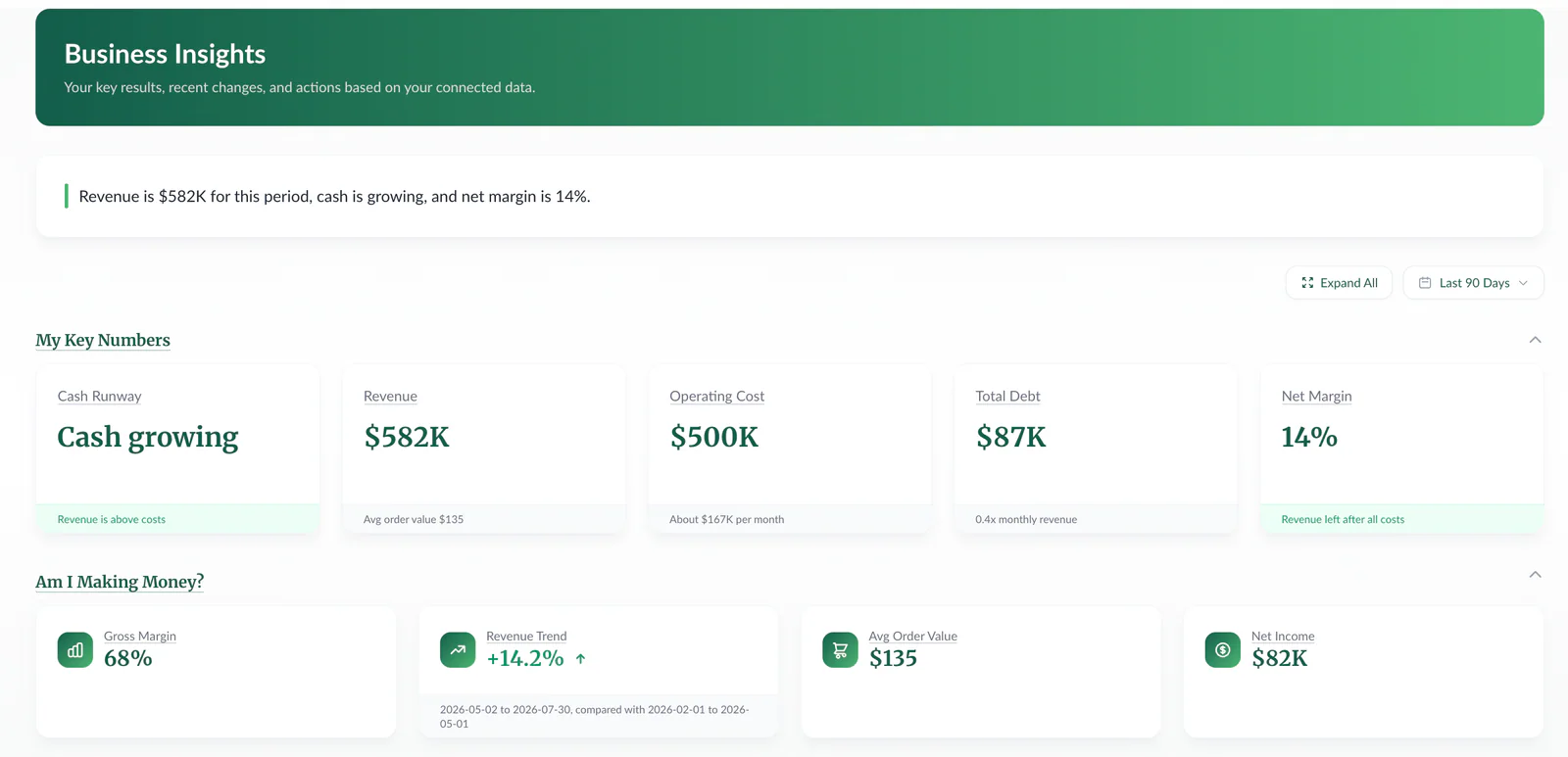 Nummbas Business Insights showing financial performance and key numbers