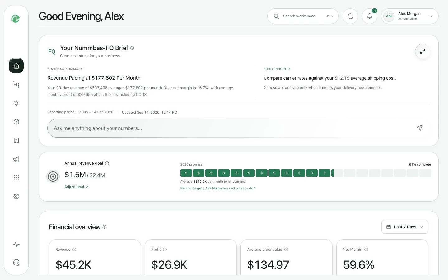 Nummbas web dashboard showing revenue, cash, margin, and business alerts
