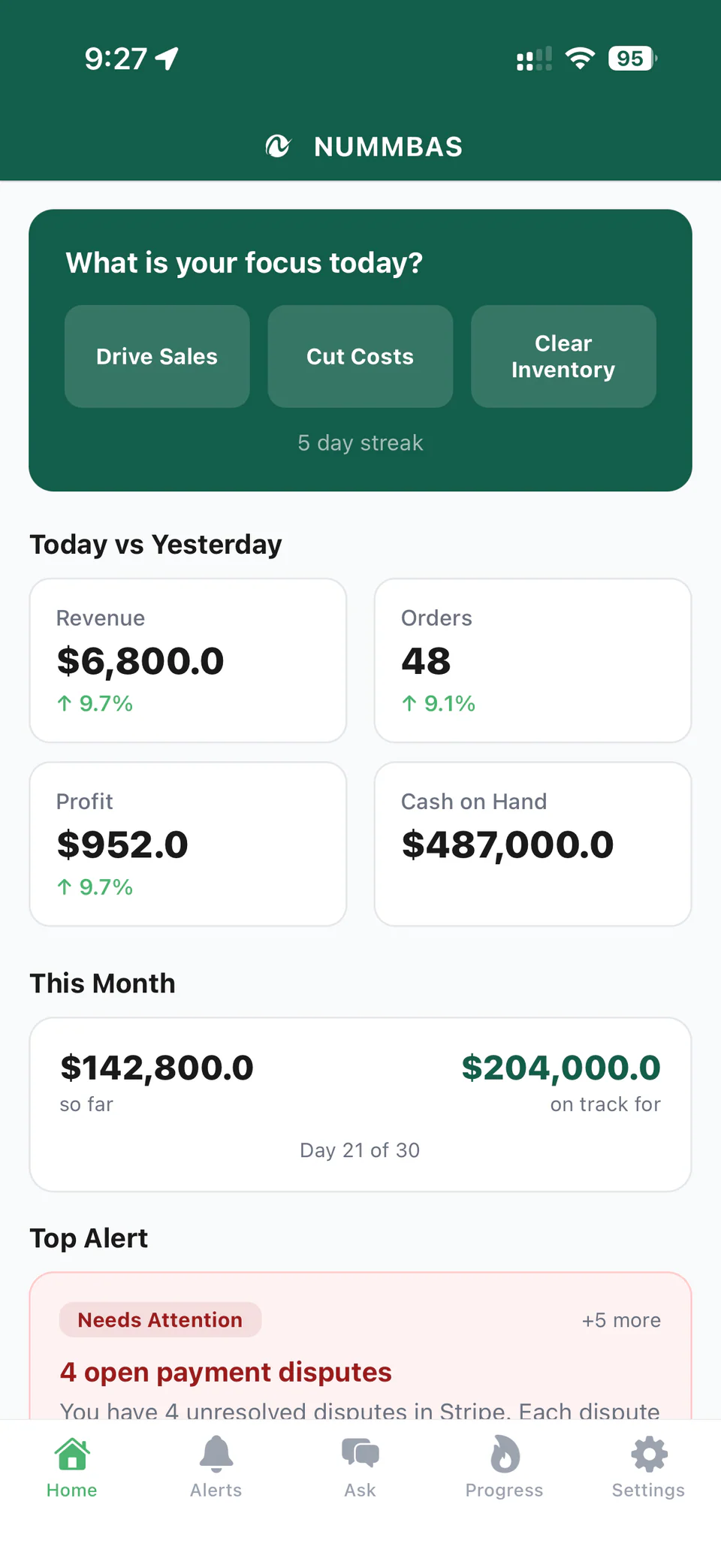 Nummbas iOS app dashboard showing daily revenue, profit, cash, and alerts