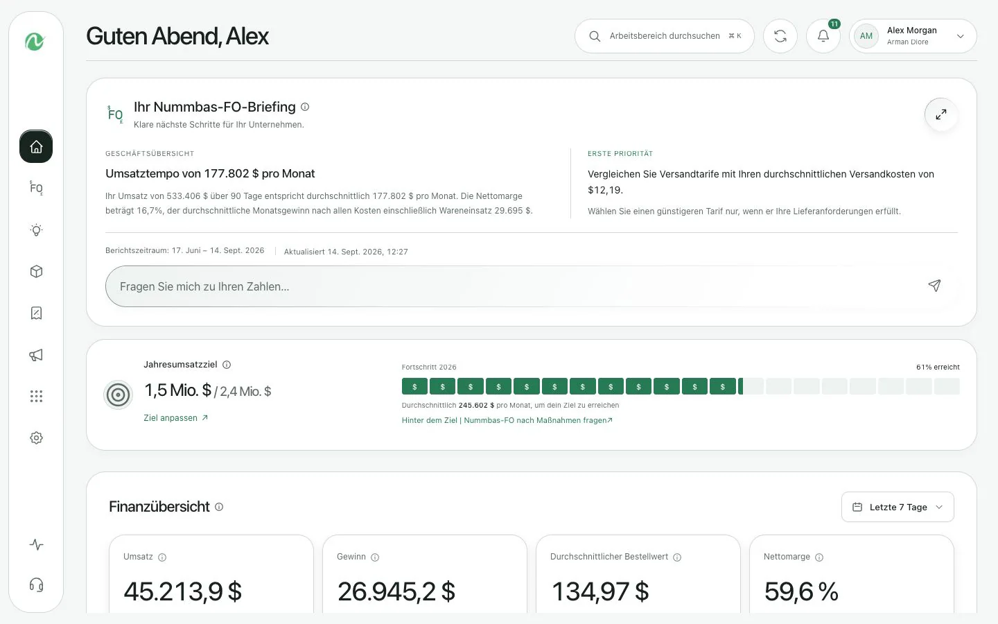 Nummbas Web-Dashboard mit Anzeige von Umsatz, Cashflow, Marge und Geschäftswarnungen