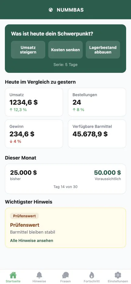 Das Dashboard Nummbas Mobile-App zeigt den heutigen Fokus und die Geschäftsentwicklung.