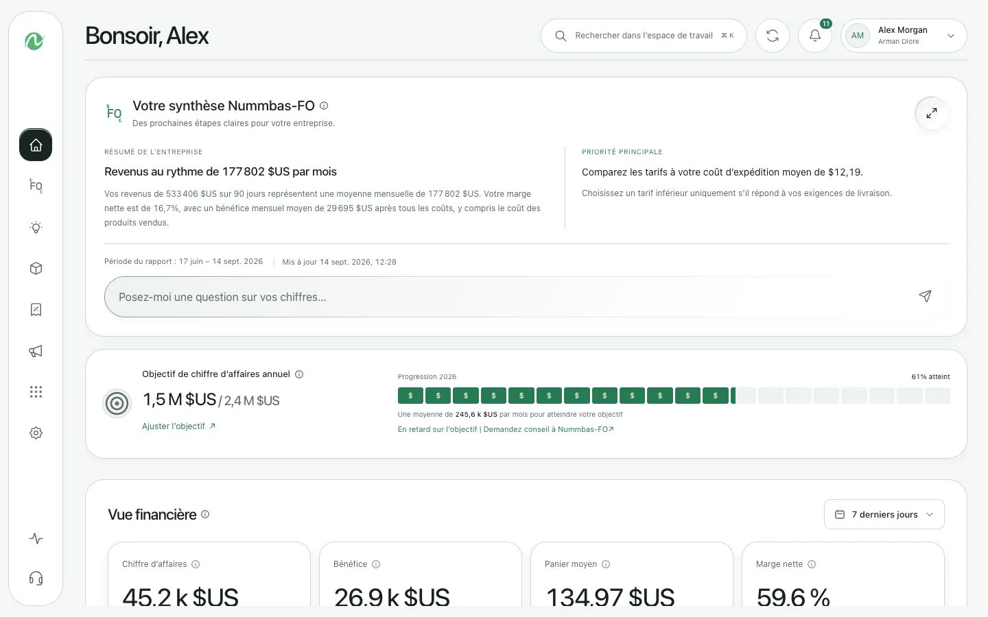 Tableau de bord web Nummbas affichant les revenus, la trésorerie, la marge et les alertes commerciales
