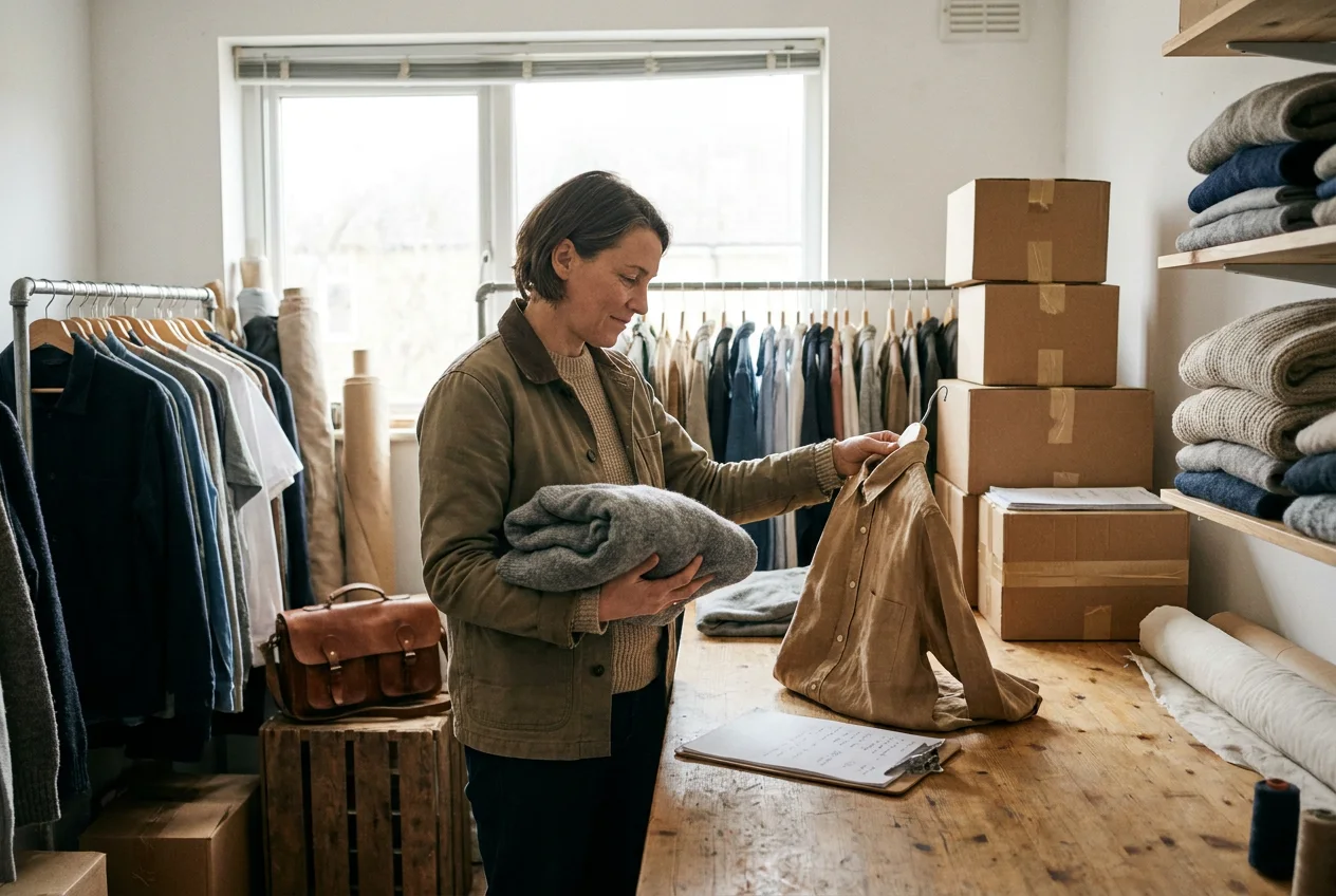 Apparel business owner comparing garments in a working stockroom