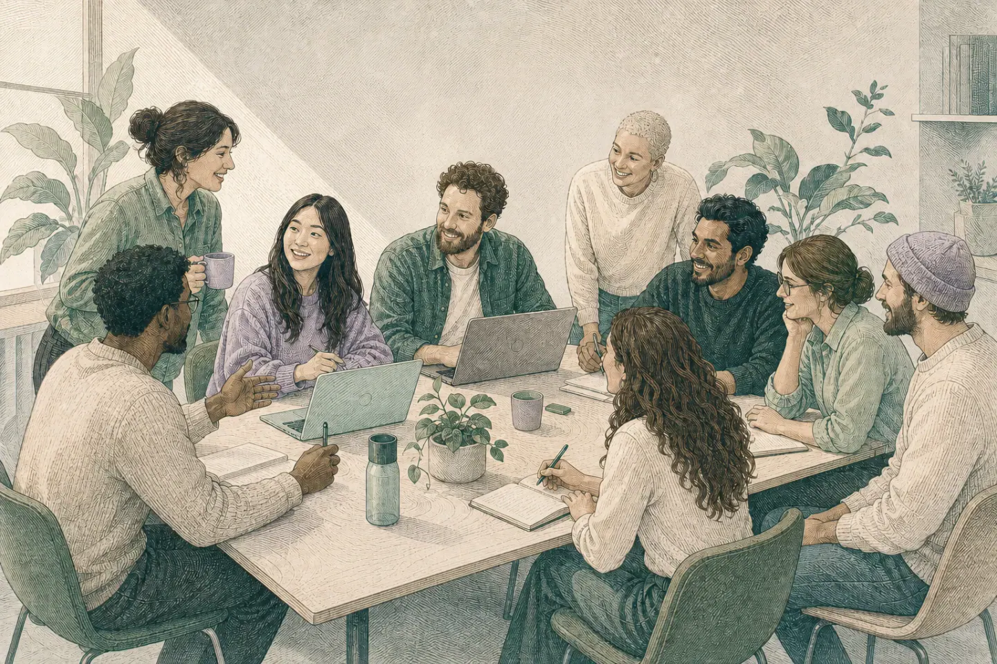 Illustrazione di un team eterogeneo che collabora attorno a un tavolo.