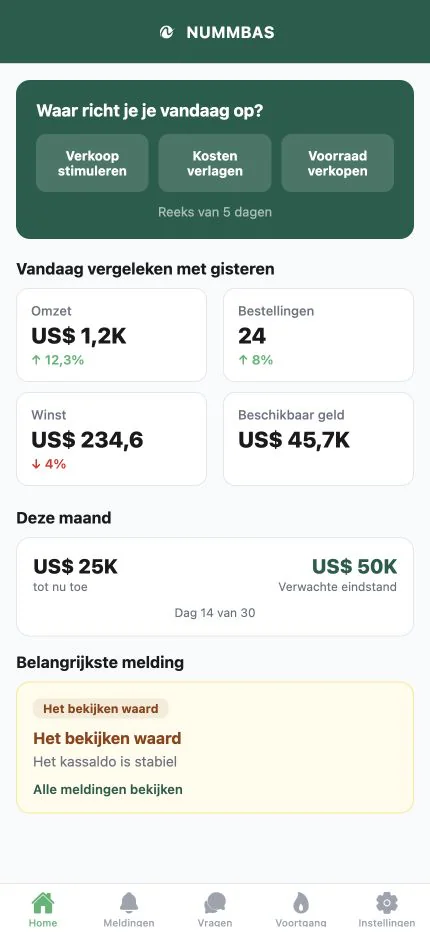 Het dashboard van Nummbas mobiele app toont de huidige focus en bedrijfsprestaties.