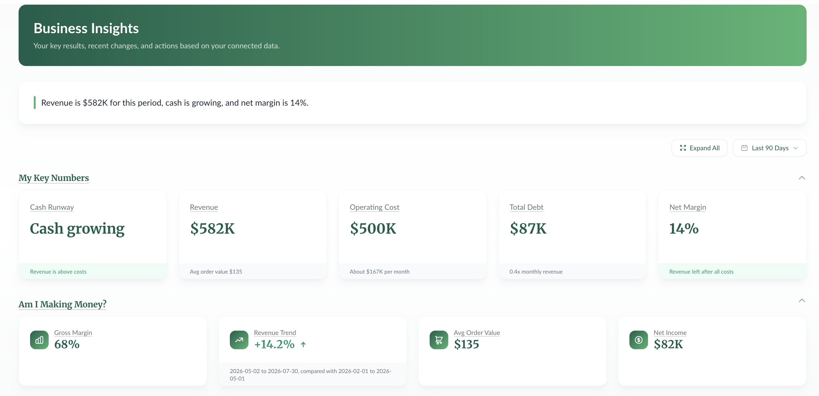 Nummbas Business Insights showing financial performance and key numbers