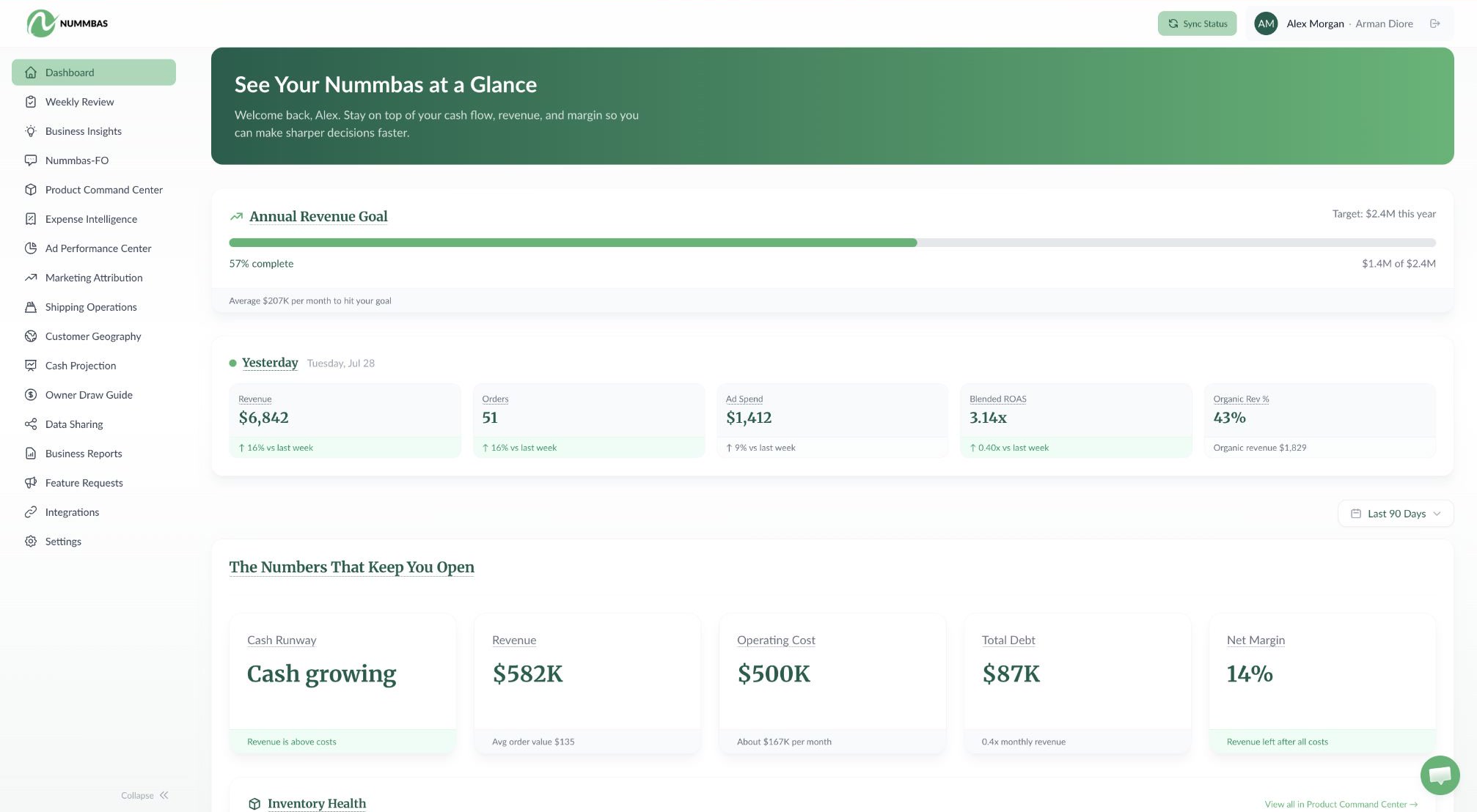Nummbas web dashboard showing revenue, cash, margin, and business alerts