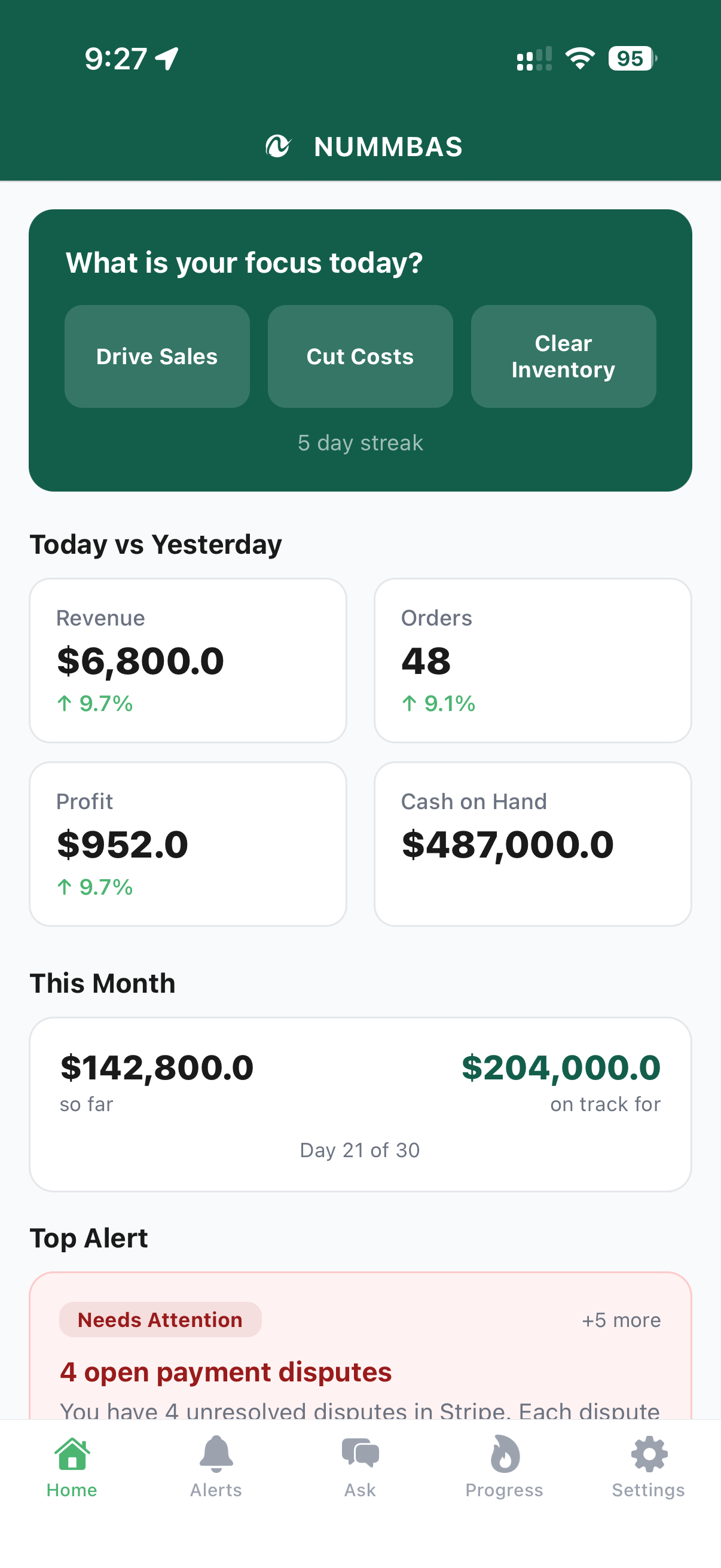 Nummbas iOS app dashboard showing daily revenue, profit, cash, and alerts
