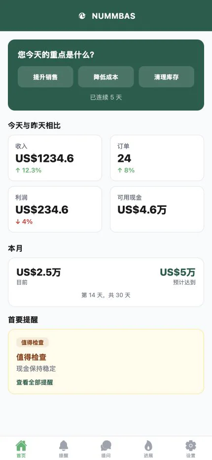 Nummbas移动应用仪表盘显示今日重点和业务绩效